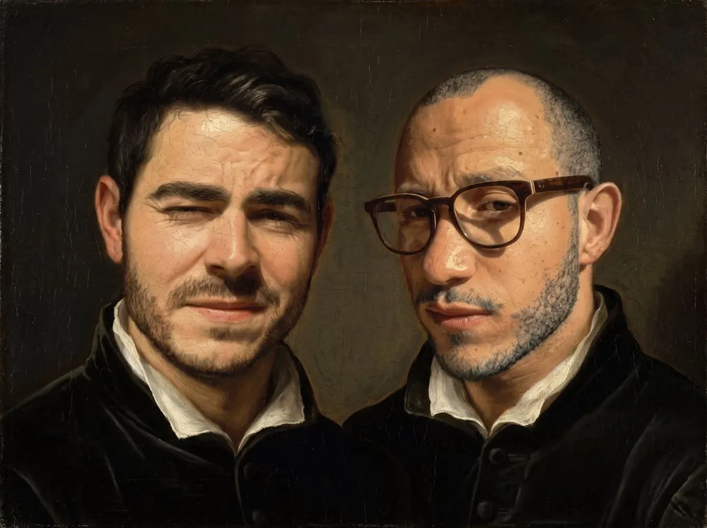 Les deux fondateurs de Red Banana Studio, en double portrait à la manière d’une peinture de la Renaissance