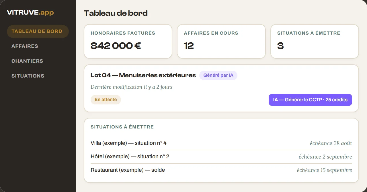Aperçu de l’interface Vitruve.app (données d’exemple)