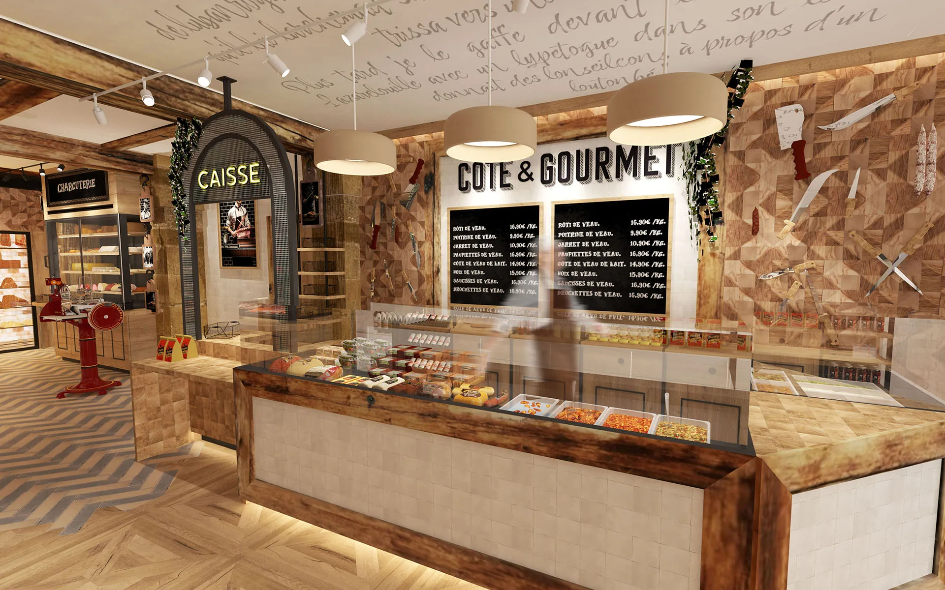 Comptoir avec ardoises de prix sous couteaux suspendus au mur