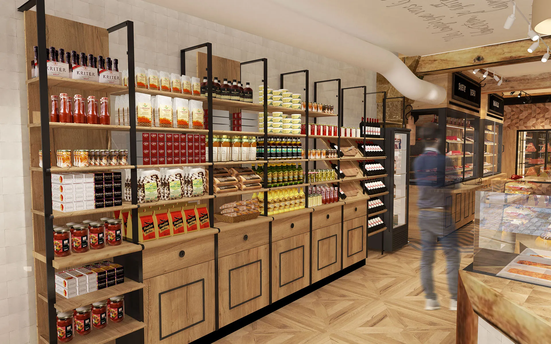Rayonnage en bois et acier noir garni de bocaux et condiments