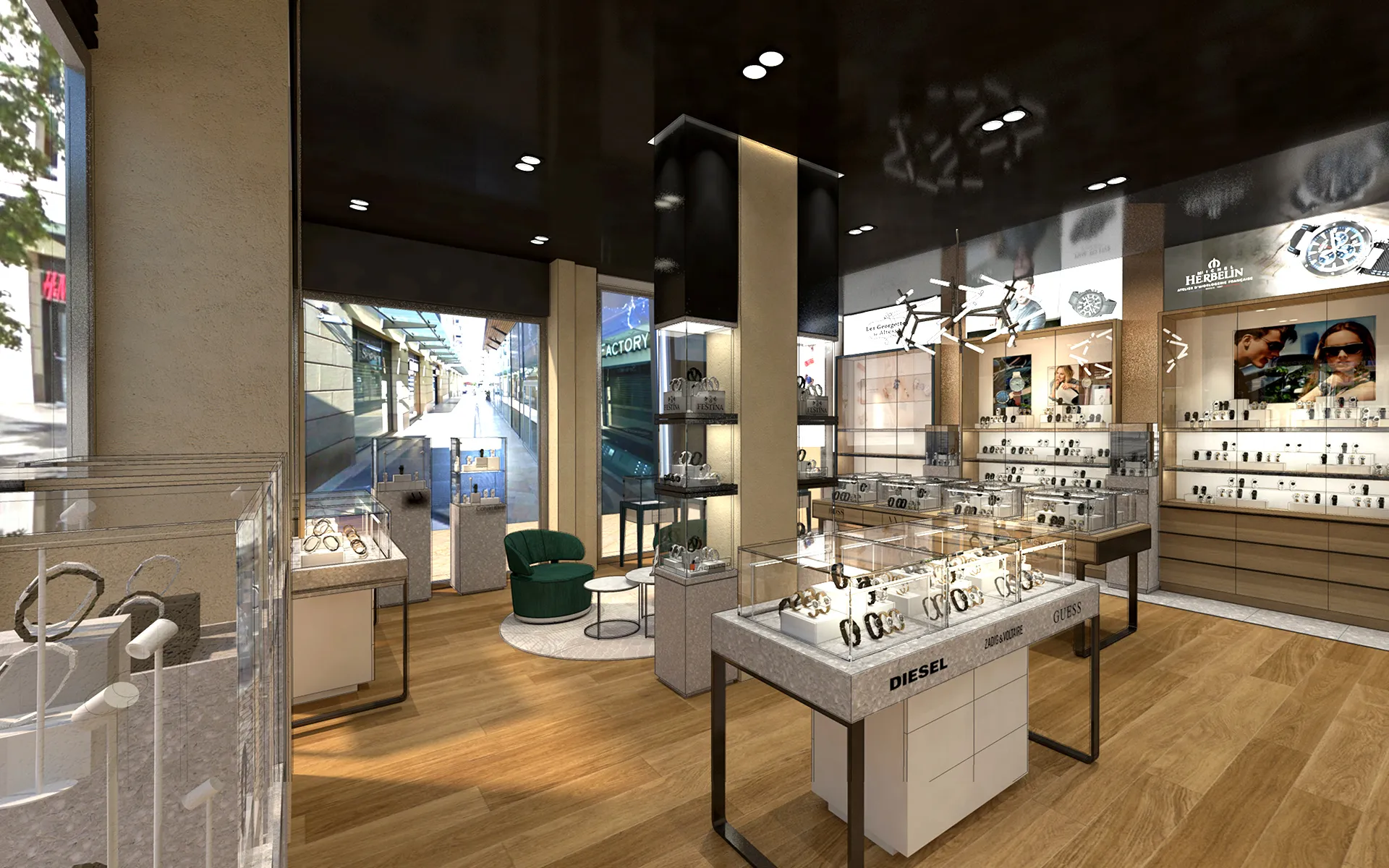 Façade vitrée de la boutique, fauteuil vert et présentoirs à montres.