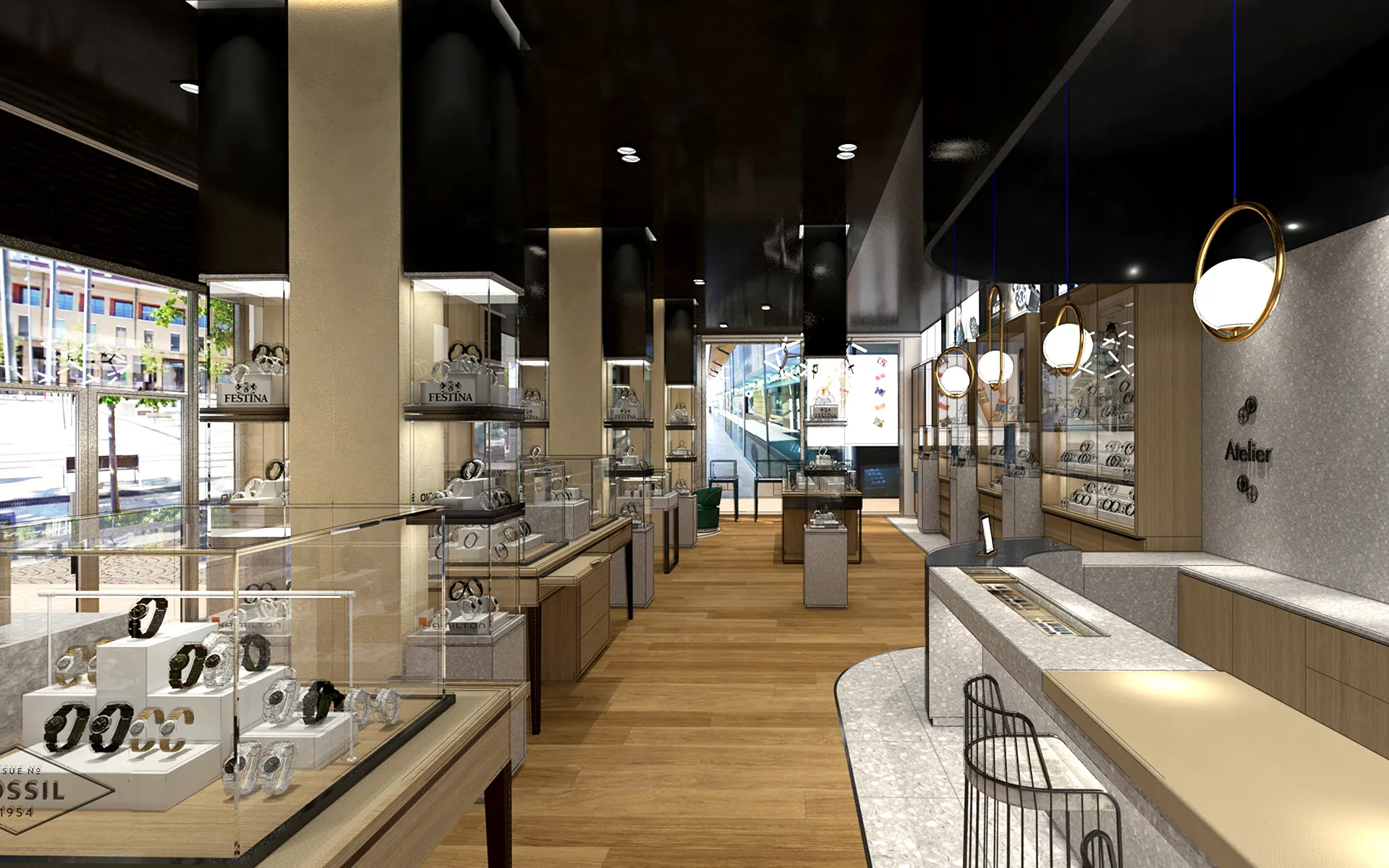 Allée entre colonnes et vitrines, suspensions en anneau et signalétique Atelier.