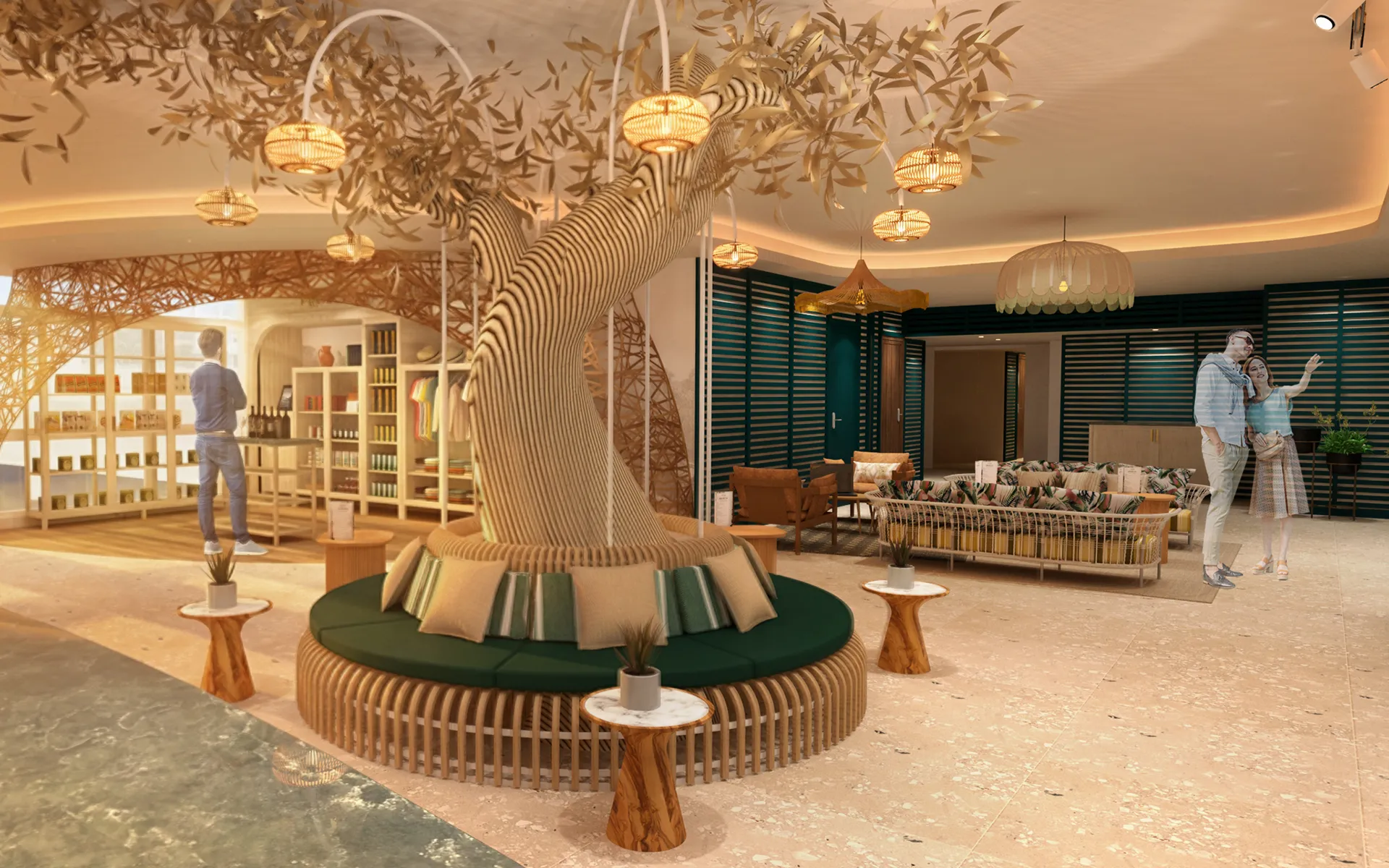 Olivier sculptural en bois clair au centre du lobby