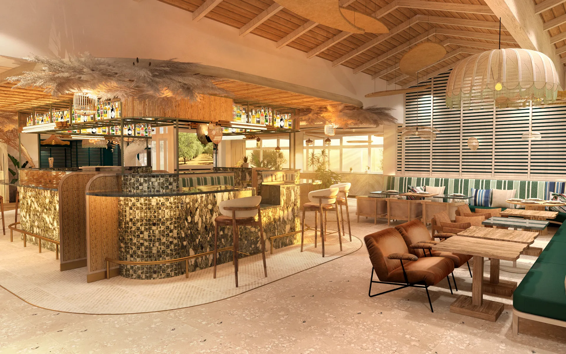 Comptoir en mosaïque vert et or sous charpente en bois