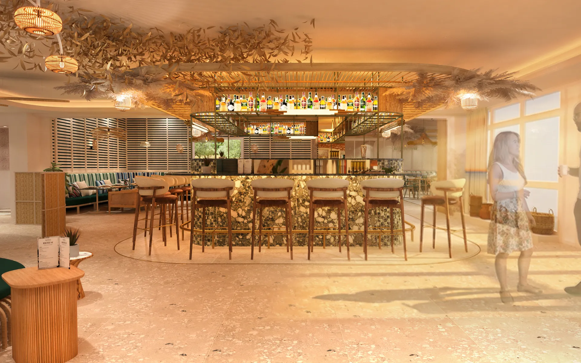Bar suspendu en rotin tressé et luminaires dorés