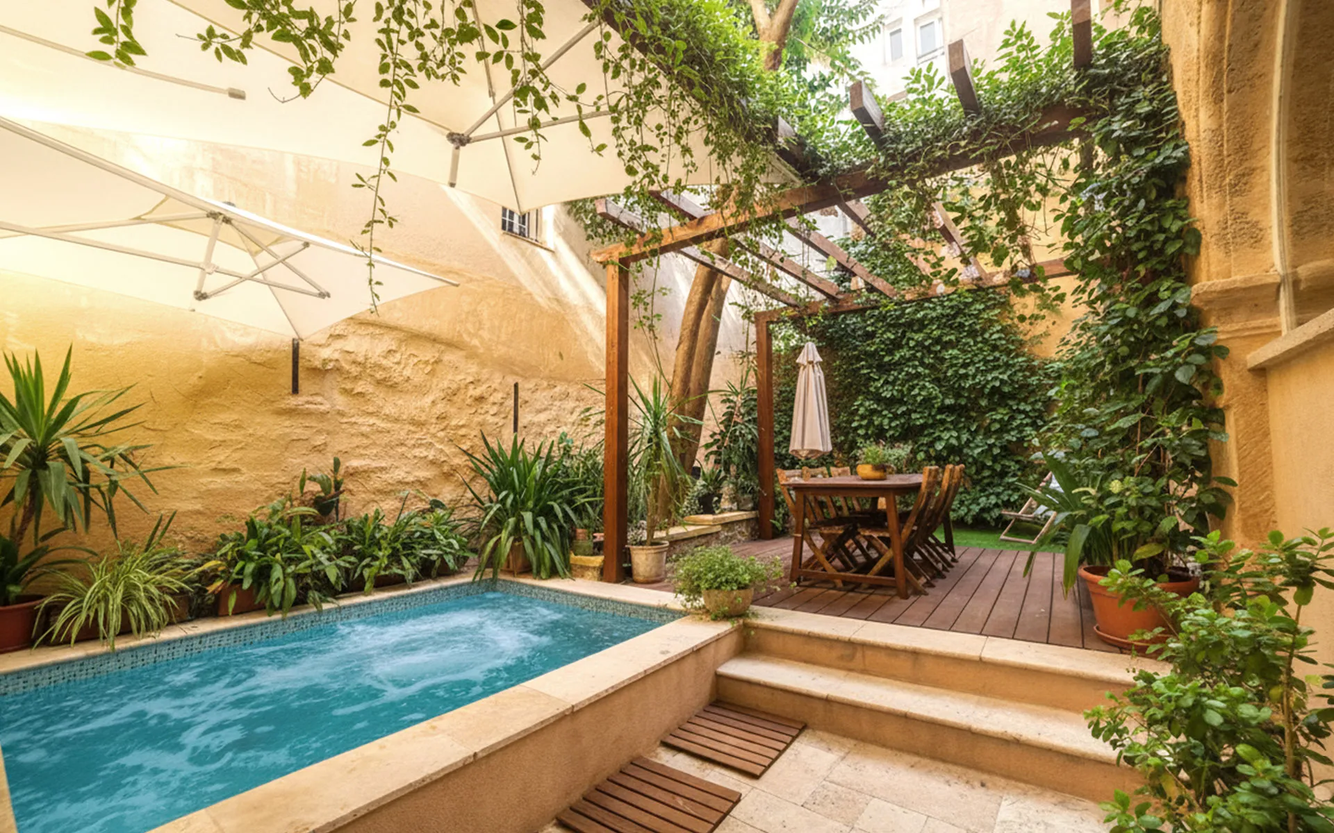 Cour intérieure avec piscine, pergola en bois et végétation grimpante.