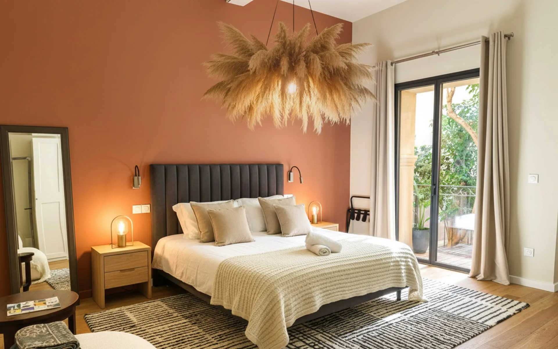 Chambre au mur terracotta, tête de lit capitonnée et suspension en fibres.